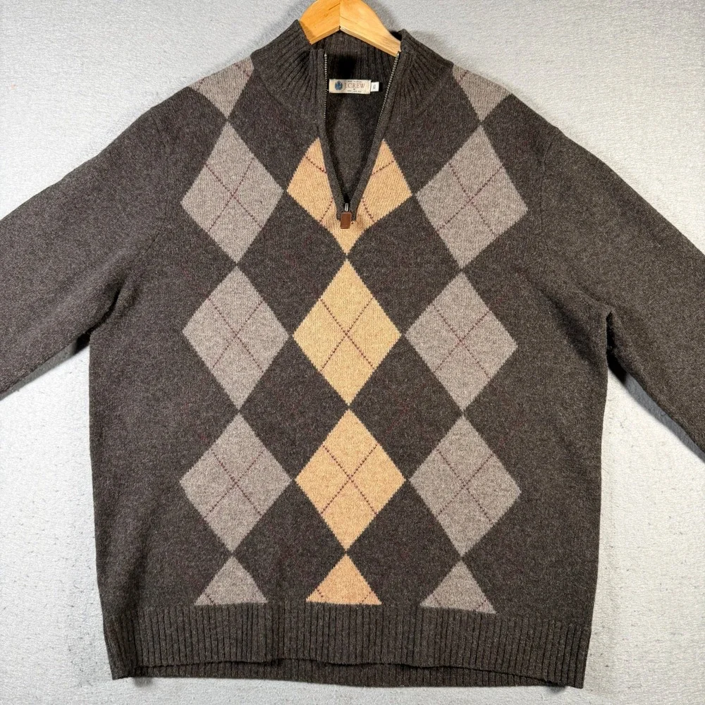 Vintage J Crew Mens Argyle‎ Quarter Zip Sweater Wool XL Brown Tan Gray
